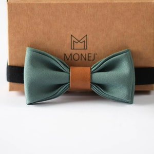 Sage Green Bow Tie for Boy, Ready Tied / Pre Tied Bow Tie, Wool Bowtie with Leather for Baby, Birthday Gift for Kid Son