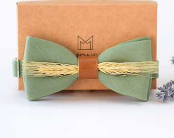 Dasty Green Linen Bow Tie for Men - Rustic Wedding Bowtie with Dried Plants - Pre Tied Bow Tie for Groom & Groomsmen