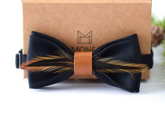 Navy Feather Bow Tie for Men, Boho Rustic Wedding Bow Tie with Natural Feathers for Groom Groomsmen, Pre Tied Solid Bowtie