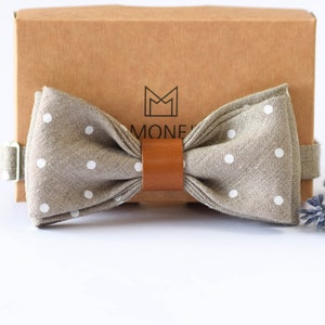 Natural Linen Bow Tie, Send Polka Dot Adult Bow Tie, Rustic Wedding Necktie for Groom Groomsmen