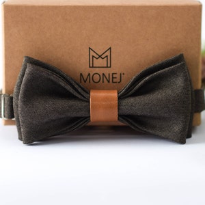 Pajarita marrón para hombre, pajarita de lana y cuero, pajarita preatada, corbata de boda marrón para novios/padrinos de boda, regalo para hombres
