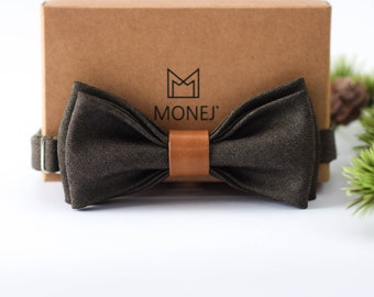 Brown Bow Tie for Men, Wool and Leather Bow Tie, Pre Tied Bow Tie, Brown Wedding Necktie for Groom / Groomsmen, Gift for Men