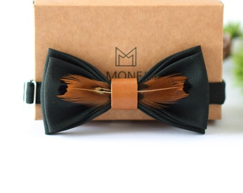 Deep Green Boys Bow Tie, Genuine Feather Boho Rustic Bow Tie, Classy Real Solid Pre Tied Bowtie