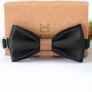 Black Bow Tie for Men with Copper Leather, Boho Wedding Bow Tie for Groom and Groomsmen, Fathers Day Gifts, Christmas Gift