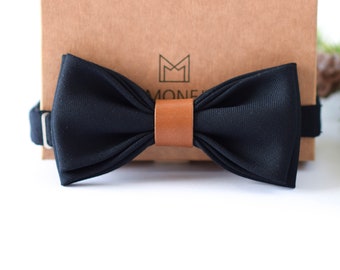Navy Blue Bow Tie for Men, Solid Classic Bow Tie for Groom Groomsme, Pre Tied Wedding Bow Tie with Leather, Gift for Husband Ded