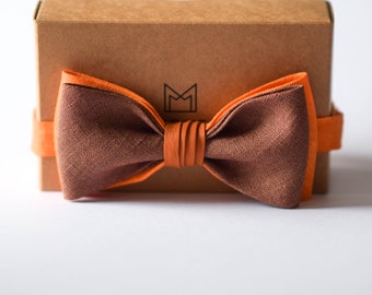 Rust Orange Bow Tie for Men, Linen Leather Bowtie for Wedding for Groom and Groomsmen