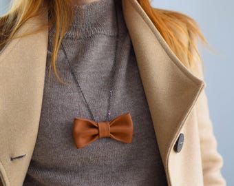 Orange Leather Bow Tie Necklace, Handmade Pendant for Women, Boho Statement Jewelry, Unique Gift for Her, Burnt Orange Leather Bow