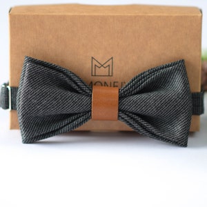 Grey Bow Tie for Men, Wedding Bow Tie with Brown Leather for Groom / Groomsmen, Father Day Birthday Gift for Him