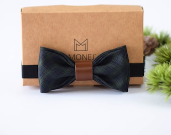 Dark Green Tartan Wool Bow Tie for Boy, Modern Elegant Rustic Bowtie, Country Barn Wedding, Christmas Gift, Flower Boy