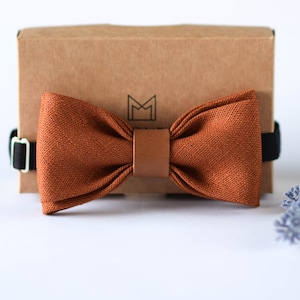 Rust Jute Linen Bow Tie for Men Boy, Terracotta Burlap Bow Tie for Rustic Boho Wedding, Groom Groomsmen Necktie