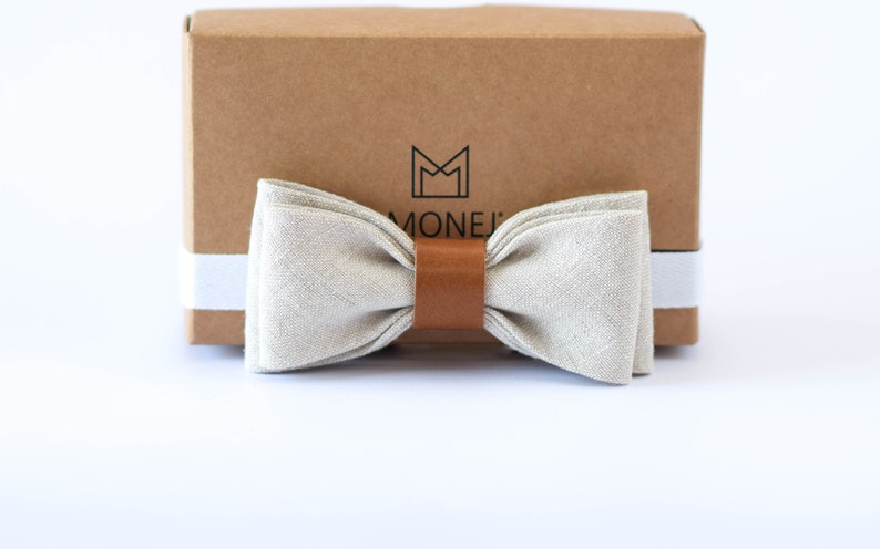 White Natural Linen Bow Tie for Boy Baby, Christening, Baptism Bow Tie Light brown