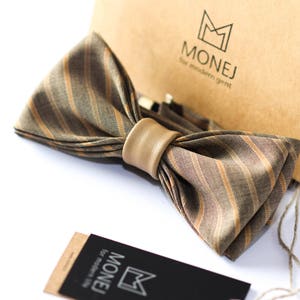 Beige Bow Tie for Men with Leather, Striped Retro Style Wedding Bow Ties for Groom Groomsmen
