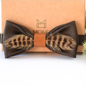 Brown Feather Bow Tie for Men, Rustic Boho Bow Tie for Wedding, Solid Classy Bowtie for Gifting