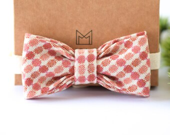 Coral Pink Wool Tweed Bow Tie, Handmade Retro Boho Bowtie, Country Barn Wedding, Groomsmen Gift Set, Flower Boy Bowtie, Christmas Gift