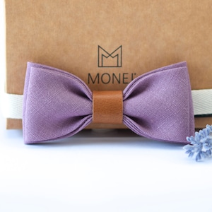 Lilac Purple Linen Bow Tie for Kid, Lavender Bow Tie for Baby Boy, Rustic Boho Wedding Flower Boy Bowtie