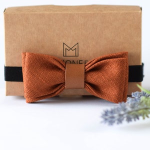 Burnt Orange Linen Bow Tie for Boy Baby Kid, Rust Jute Bow Tie for Rustic Boho Wedding, Burlap Necktie for Toddler