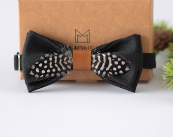 Feather Bow Tie for Men, Handmade Natural Black Wedding Bow Tie for Groom Groomsmen, Father Day Birthday Gift for Him