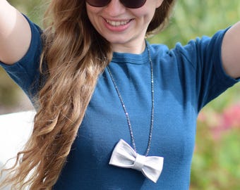 Silver Color Leather Bow Tie Necklace, Handmade Shiny Pendant for Women, Boho Statement Jewelry, Long Chain Necklace, Gift for Her