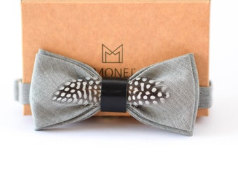 Grey Half Wool Feather Bow Tie, Handmade Boho Bohemian Wedding Bowtie, Country Wedding, Groomsmen Gift, Flower Boy Accessory