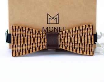 Wooden Bow Tie with Leather for Men & Boy, Wood Wedding Necktie for Groom Groomsmen, Gift for Men Him
