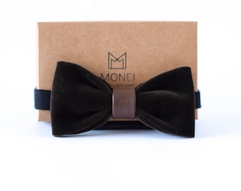Chocolate Brown Bow Tie for Men, Cotton / Velvet and Leather Bow Tie for Wedding, Ready Tied Bow Tie For Groom / Groomsmen, Gift for Him