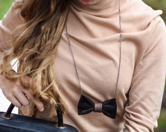 Chocolate Brown Velvet Bow Tie Necklace, Handmade Elegant Pendant for Women, Luxurious Statement Jewelry, Long Chain Necklace, Gift
