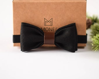 Black Linen Bow Tie for Boy, Modern Elegant Rustic Bowtie, Country Barn Wedding, Groomsmen Gift Set, Men's & Boys' Sizes