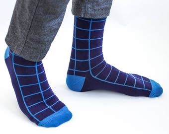 Navy Blue Checkered Socks for Men / Guys, Cool Socks for Wedding, Cotton Half Calf Socks for Groom, Birthday, Christmas, Business Gift