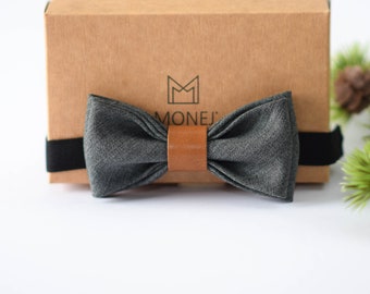 Granite Gray Bow Tie for Boy Baby, Pre Tied Kids Bow Tie, Wool Leather Boho Necktie, Gift for Boy
