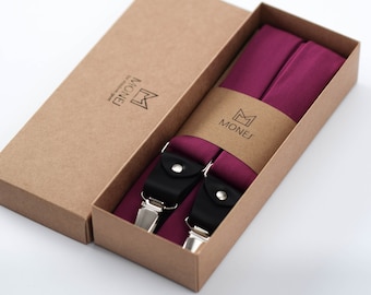 Magenta Suspenders for Men, Wedding Groomsmen Braces, Leather-Trim Y-Back Fabric Suspenders, Formal Trouser Braces, Gift for Men