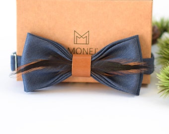 Blue Bow Tie with Natural Feather, Boho Rustic Wedding Bow Tie  for Men Groom Groomsmen, Pre Tied Solid Bowtie