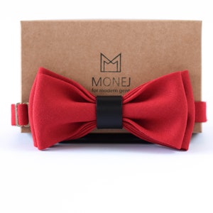 Red Bow Tie with Black Leather, Ready Tied Bow Tie, Wool Bow Tie, Wedding Bow Tie for Groom, Business Gift for Men, Birthday Gift for Him