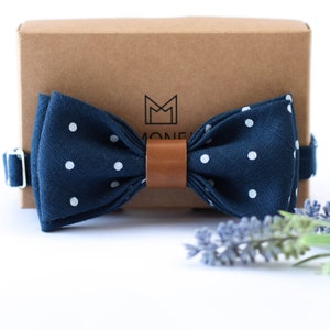 Navy Blue Linen Mens Bow Tie, Polka Dot Rustic Wedding Necktie Bowtie for Groom Groomsmen, Gift for Husband Him