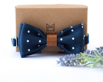 Nœud papillon pour homme en lin bleu marine, cravate de mariage rustique à pois pour les mariés, cadeau pour mari lui