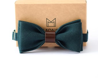 Hunter Green Linen Bow Tie for Men, Emerald Forest Wedding Bowtie, Jewel Tone Winter Wedding, Christmas Gift Set