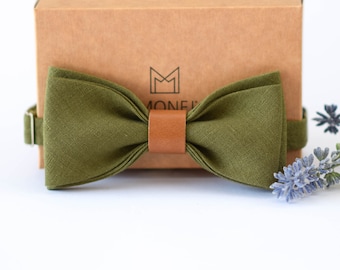 Moss Green Linen Bow Tie for Men, Olive Green Bowtie for Rustic Barn Country Wedding, Gift for Groomsmen Bridegroom