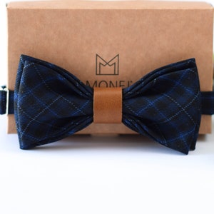 Navy Blue Tartan Checkered Bow Tie for Men, Boho Rustic Wedding Bow Tie for Groom Groomsmen, Gift for Men Him