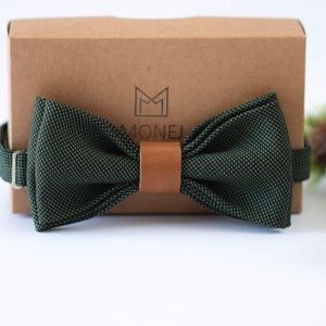 Green Bow Tie for Men, Wedding Bow Tie with Brown Leather for Groom / Groomsmen, Boy, Baby, Father Day, Birthday, Christmas Gift for Him