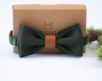 Green Bow Tie for Men, Wedding Bow Tie with Brown Leather for Groom / Groomsmen, Boy, Baby, Father Day, Birthday, Christmas Gift for Him