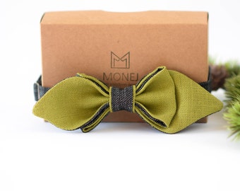 Linen Bow Tie foe Men, Green Wedding Bow Tie for Groom Groomsmen, Gift for Men Him Dad