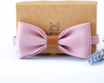 Blush Pink Linen Bow Tie for Men, Pale Pink Father and Son Bow tie and Pocket Square, Rustic Wedding Bowtie