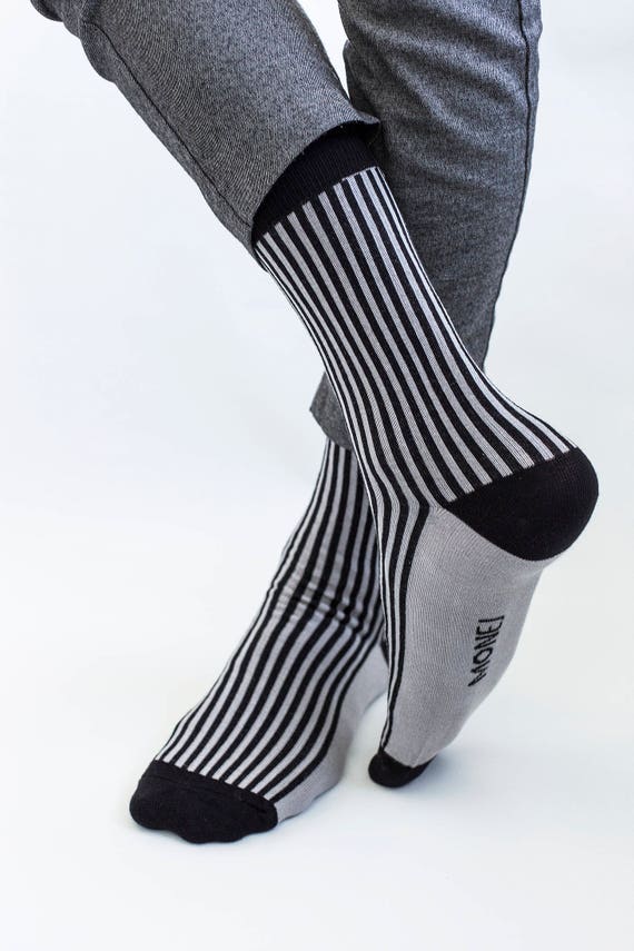 Men's Striped Socks, Grey Socks With Black Stripes, Cotton Socks for Guys,  Crazy Boho Wedding Socks for Groom / Groomsmen, Gift for Him 