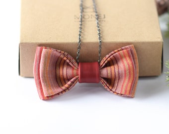 Pink Linen Bow Tie Pendant for Women, Long Necklaces, Fabric Boho Accessory Necklace Pendant, Gift for Women Girlfriend