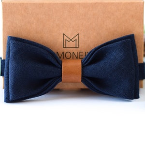 Navy Blue Linen Bow Tie for Men, Rustic Boho Wedding Bow Tie for Groom Groomsmen, Gift for Men Him Father