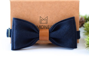 Navy Blue Linen Bow Tie for Men, Rustic Boho Wedding Bow Tie for Groom Groomsmen, Gift for Men Him Father