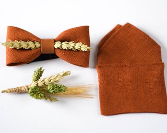 Terracotta jute vlinderdas met gedroogde planten, roest jute linnen vlinderdas voor mannen, vlinderdas pochet boutonniere set voor rustieke Boho bruiloft