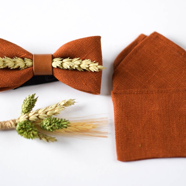 Terracotta Burlap Bow Tie with Dried Plants, Rust Jute Linen Bow Tie for Men, Bow Tie Pocket Square Boutonniere Set for Rustic Boho Wedding