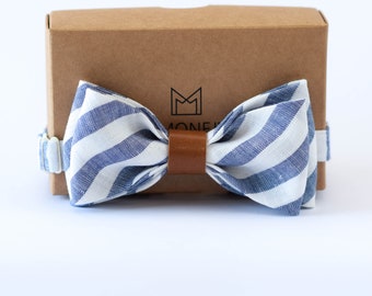 Striped Linen Bow Tie for Summer Wedding Groom Groomsmen, Geometric Boho Style Necktie for Men