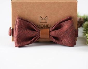 Terracotta Bow Tie for Men, Pre Tied Linen Wedding Bowtie for Groom Groomsmen, Solid and Rustic Bow Tie, Gift for Men Boy