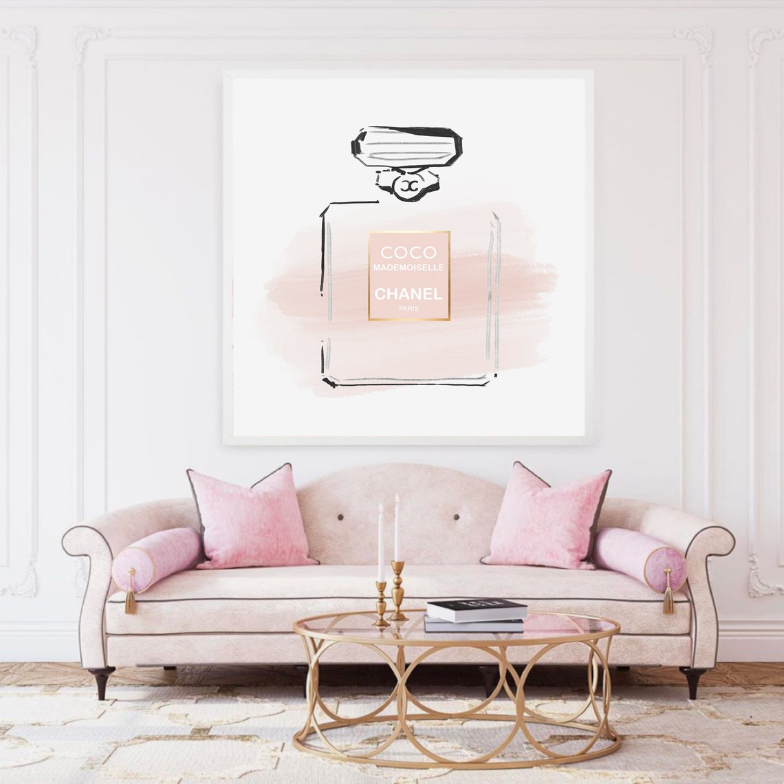 Blush pink wall art perfume bottle. Fashion illustration